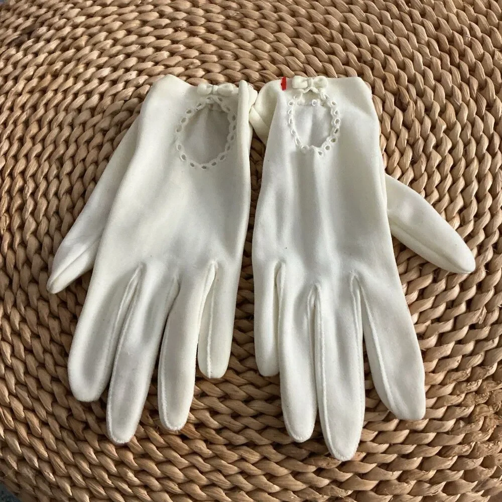 Vintage White Nylon Dress Gloves Small Eyelet Cutout Bow Formal Bridal